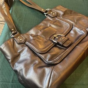 Elegant Pewter Coach Leather Shoulder Bag